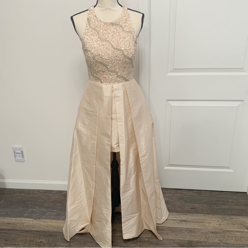 Adrianna Papell Blush Sequin Halter Maxi Dress